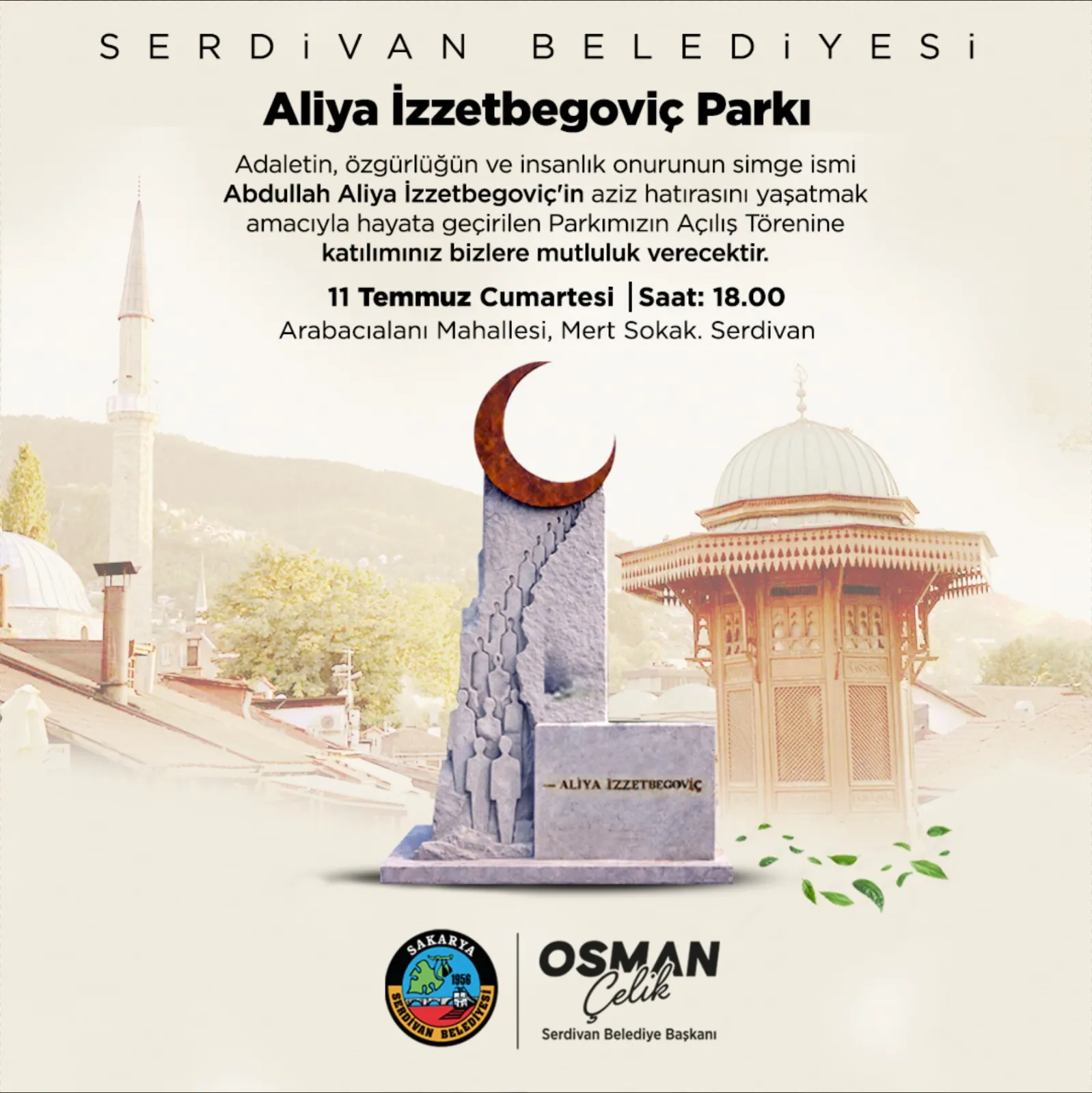 Serdivan’da Aliya İzzetbegoviç Parkı Hizmete Açılıyor