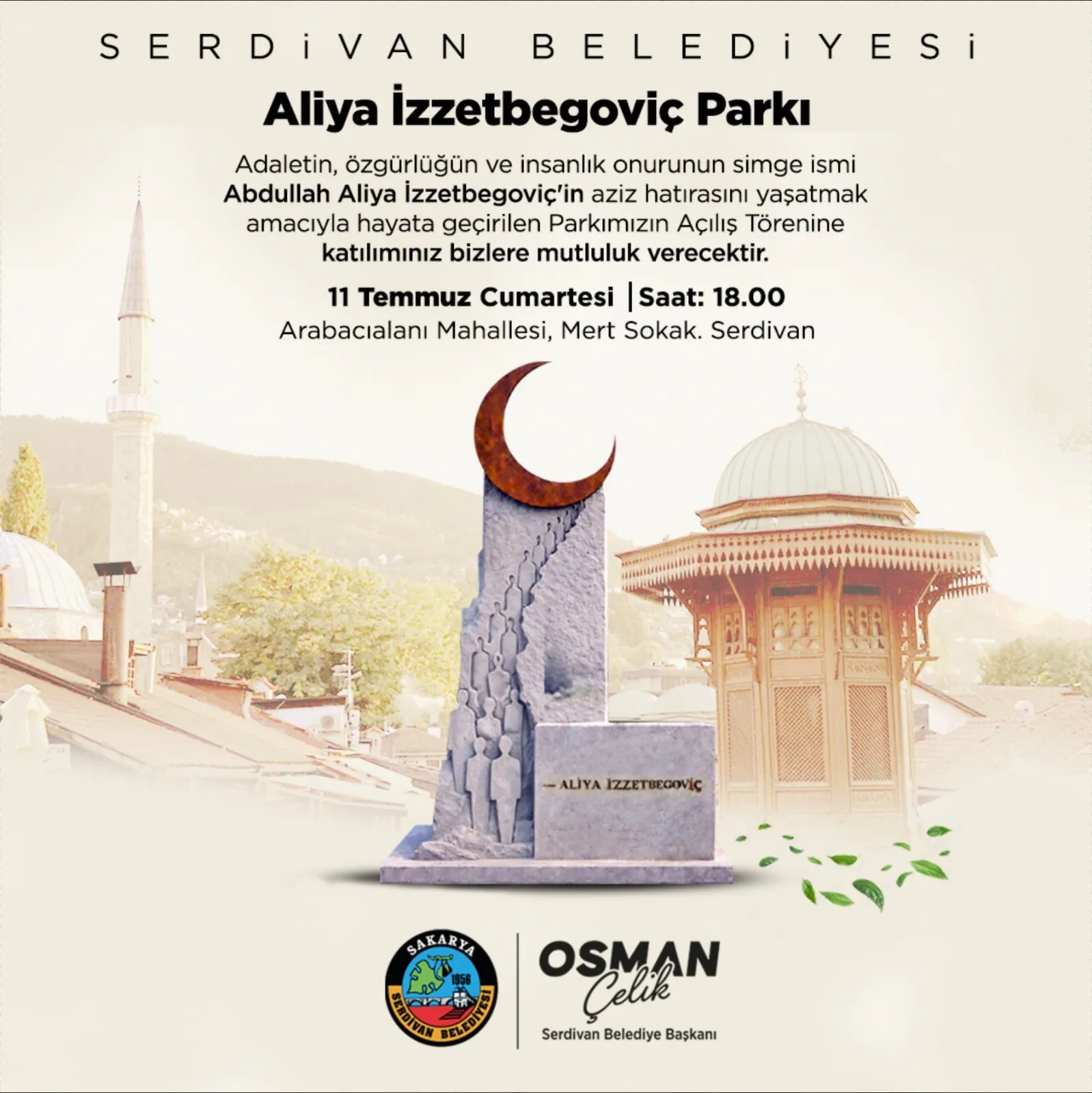 Serdivan’da Aliya İzzetbegoviç Parkı Hizmete Açılıyor